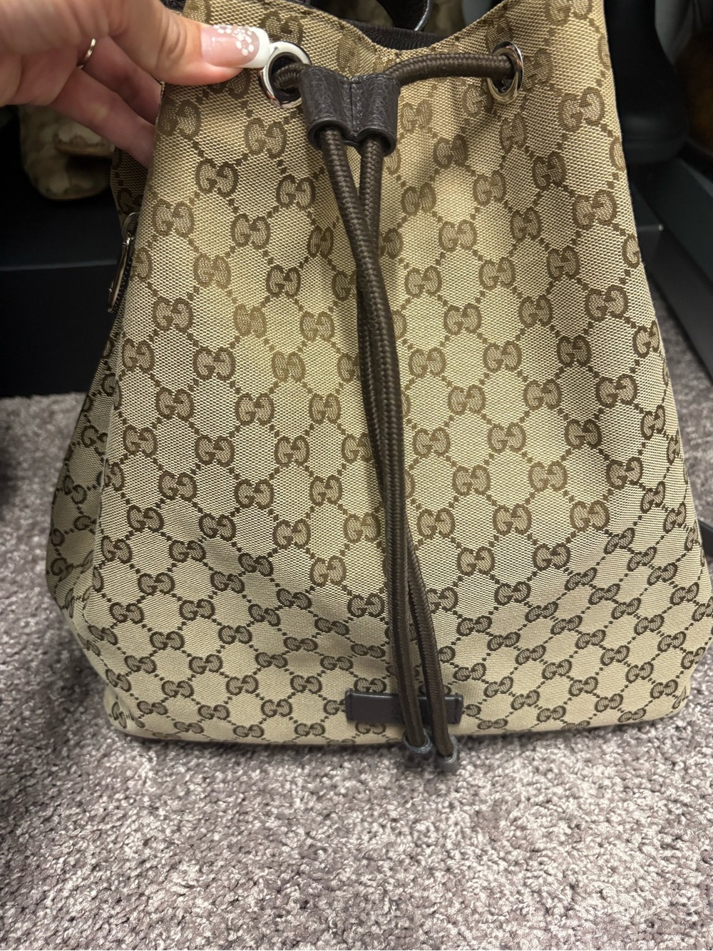 Gucci Beige Monogram Drawstring Backpack with Brown Trim